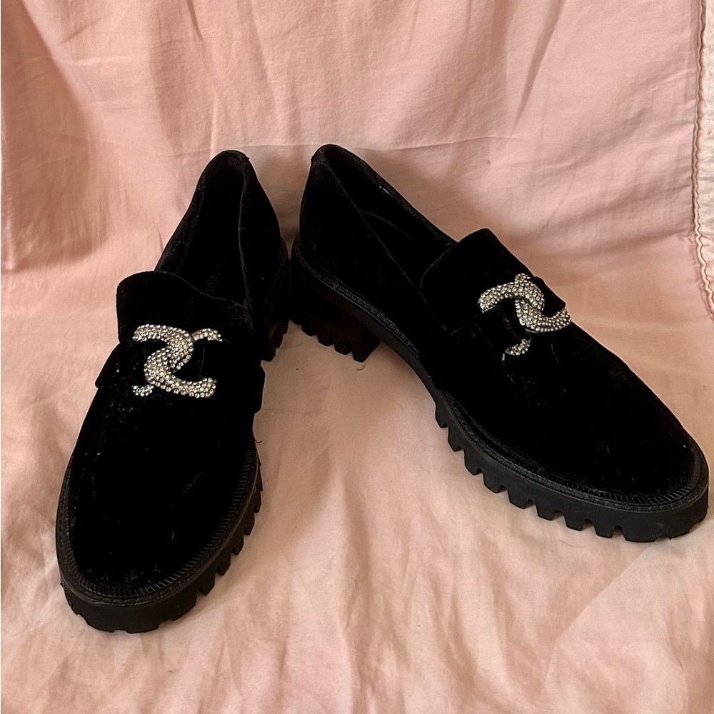Black velvet lug sole loafers